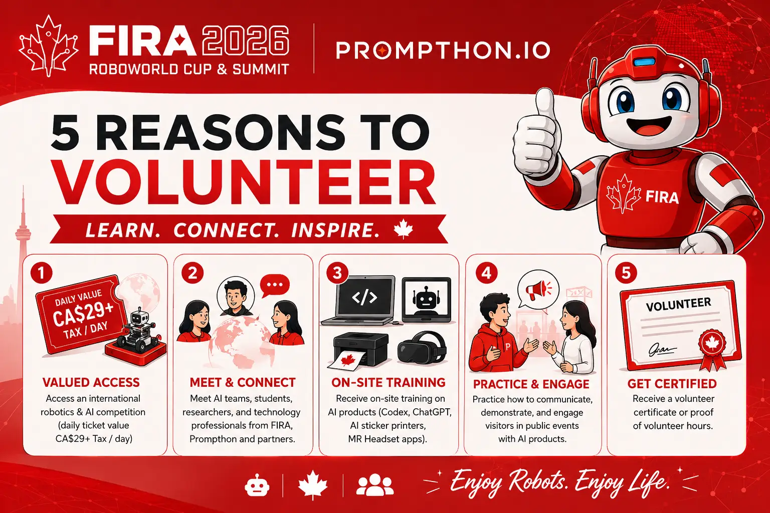 Poster for the FIRA Canada 2026 Youth Volunteer Program showing five reasons to volunteer with Prompthon.IO at FIRA 2026.