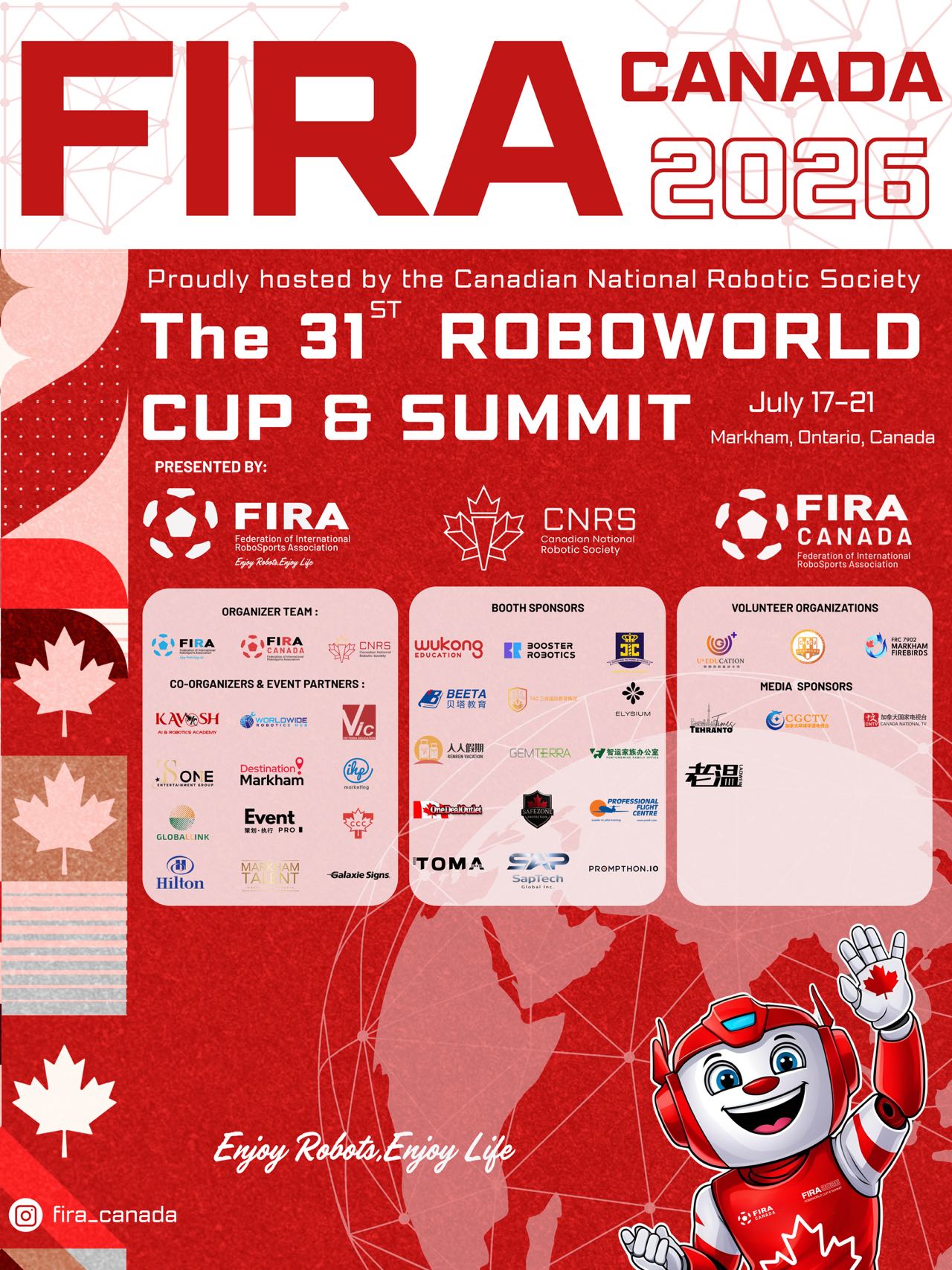 FIRA Canada 2026 RoboWorld Cup & Summit poster showing July 17-21 in Markham, Ontario and Prompthon.io as a booth sponsor.